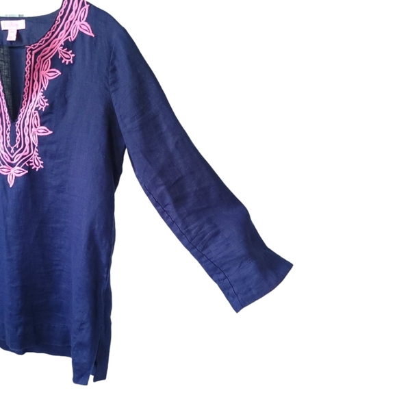 Lilly Pulitzer Amelia Island Tunic Top Blouse XXS Navy Linen Embroidered V-Neck - Picture 6 of 13